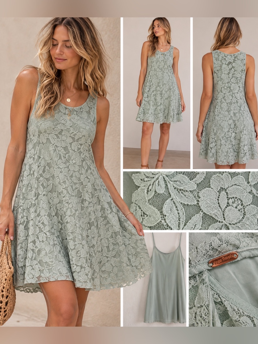 Free People Sage Green Floral Lace Fit & Flare Dress L